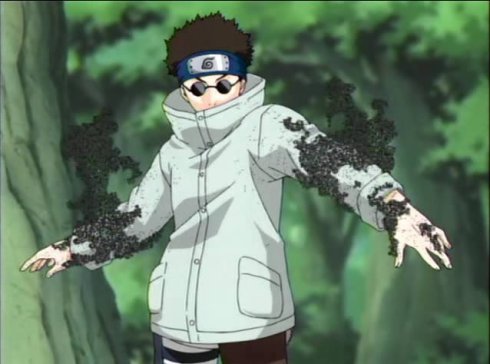 Anime Look-Alike : Aburame Shino in battle stance with his arms stretched out in battle with Kankuro in the anime series Naruto.