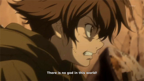 Gundam 00 : Boy thinks to himself while running that there's no god in this world.