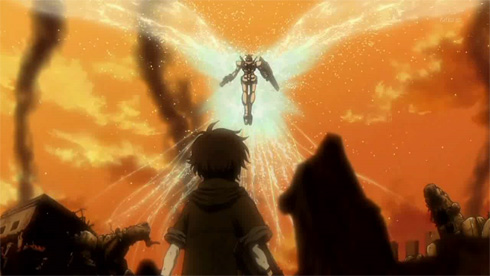 Gundam 00 : Boy sees a Gundam hovering in the sky radiating bright particles exhuding from its back.